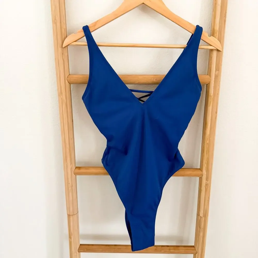 NWOT TA3 Plungey One Piece Swimsuit Sapphire Blue Lace Up Back Shapewear Medium